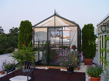 Royal Victorian Greenhouse with black frame, glass panels, roof vent, surrounded by potted plants and garden furniture