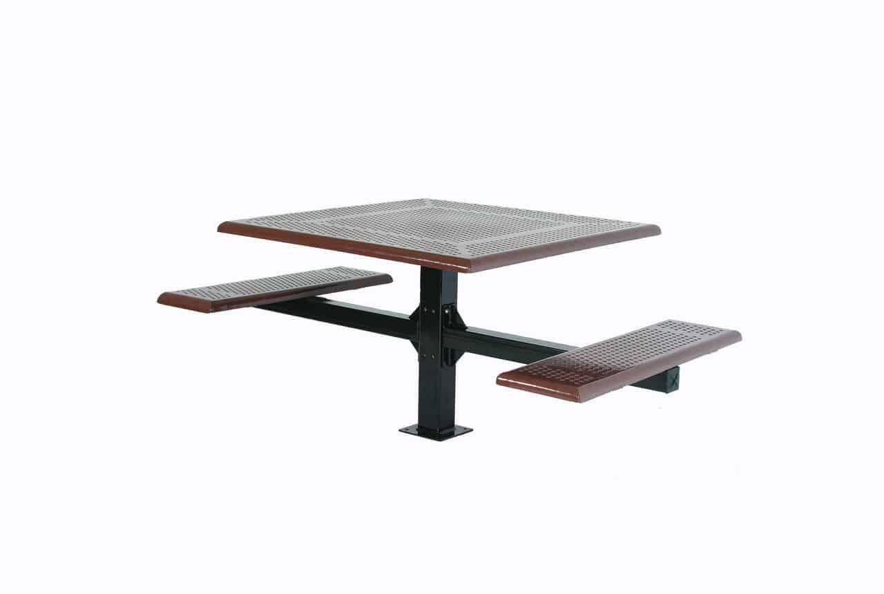 Cantilever Wheelchair Picnic Table with perforated steel top and benches, ADA-compliant, durable thermoplastic finish for accessible outdoor seating