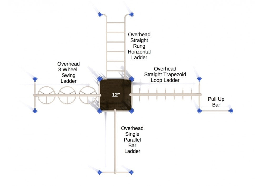 Overhead view of playground fitness structure with central elevated platform and four distinct overhead climbing ladders and bars