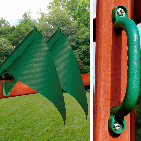 Green plastic safety handles and green fabric shade sails attached to redwood-stained cedar wood beams of an outdoor wooden swing set