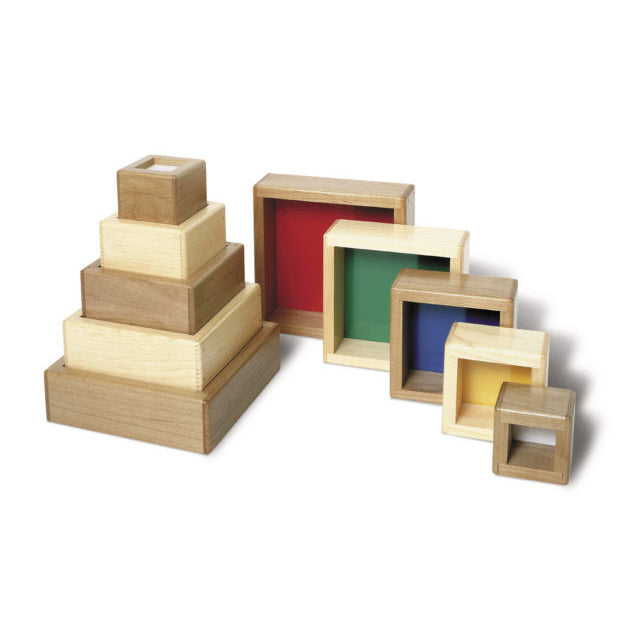 Wooden Stacking Tower with natural wood finish and colorful nested square frames for stacking and sequencing play