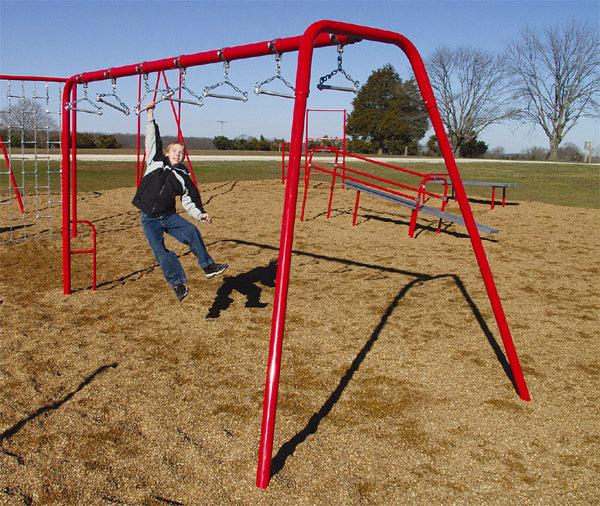 Outdoor red swing bars fitness course with metal triangular handles and a child swinging on one bar