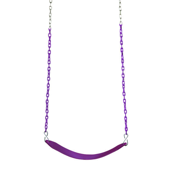 Purple injection-molded belt swing with grippy coated plastic chains, UV resistant and designed for safety and comfort.