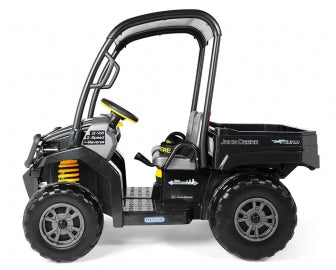 Black John Deere Gator XUV ride-on vehicle with sporty roof, large dump bed, and rugged wheels for outdoor terrain