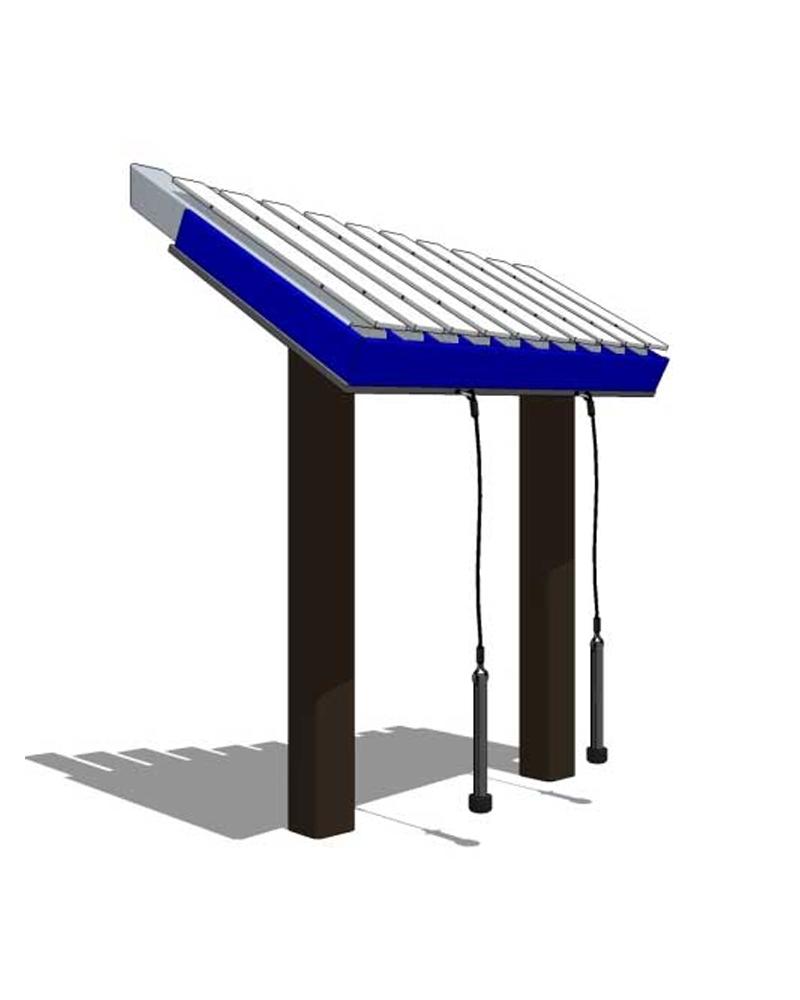 Yantzee Outdoor Musical Park Instrument with blue aluminum bars and hanging mallets on dark supports, outdoor musical play element