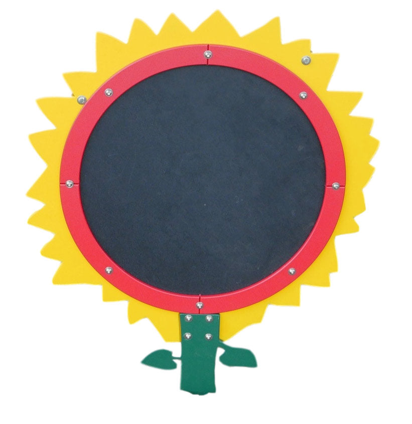 Outdoor flower-shaped chalkboard with yellow petals, red circular frame, and green stem for creative outdoor play and learning.