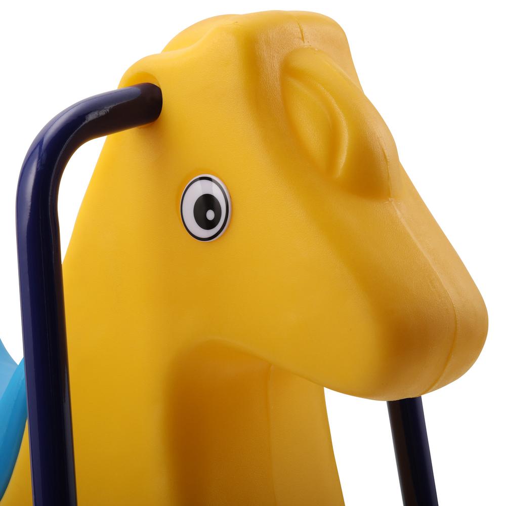 Yellow plastic horse-shaped spring rider with black steel handles for children's outdoor play