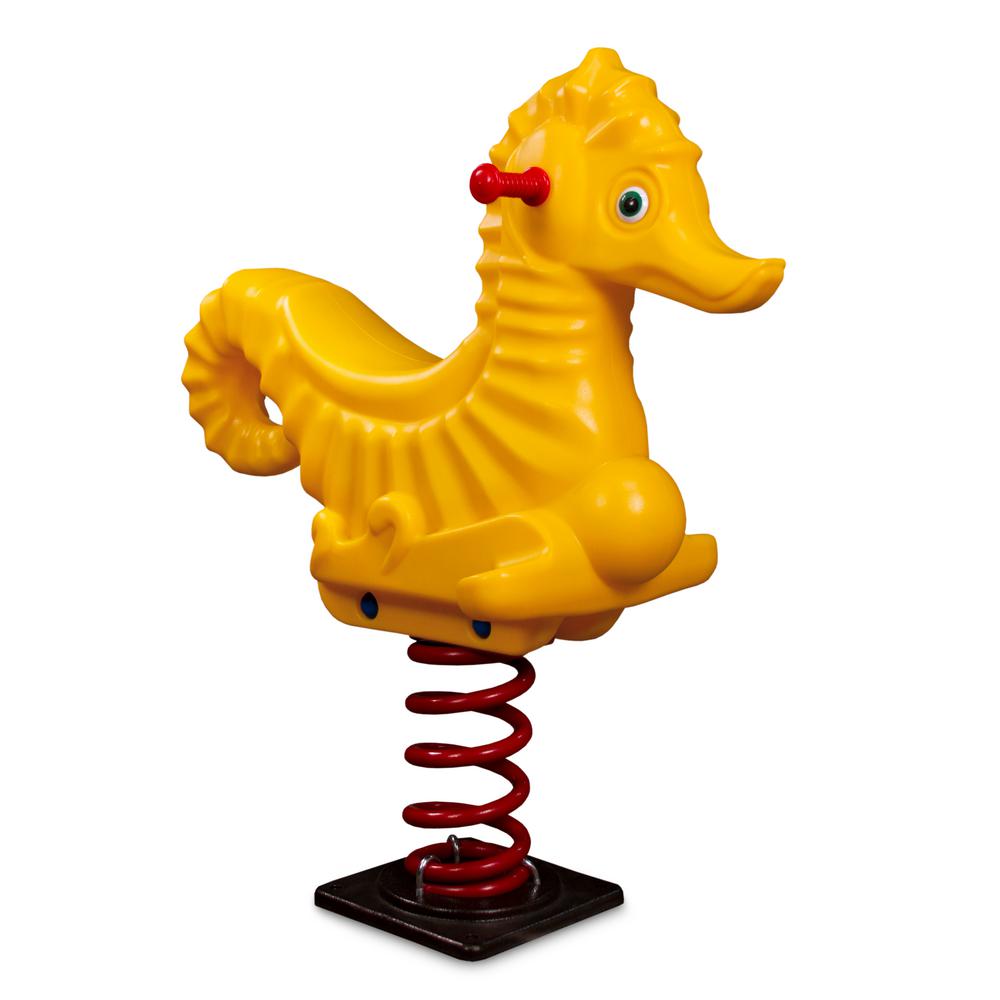Yellow Seahorse Residential Spring Rider with red spring base, secure handlebars, and curved seat for backyard play