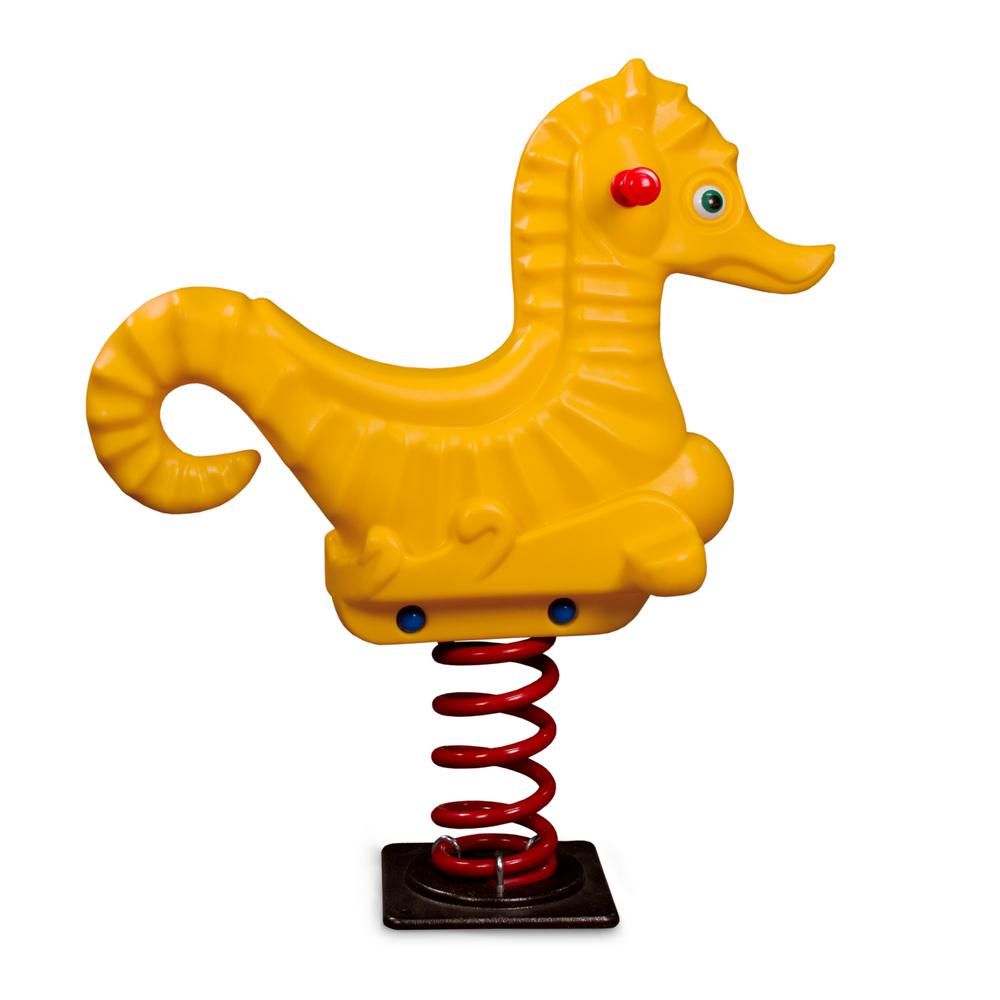 Bright yellow seahorse spring rider with red handlebars, curved seat, and coil spring base for children's playgrounds