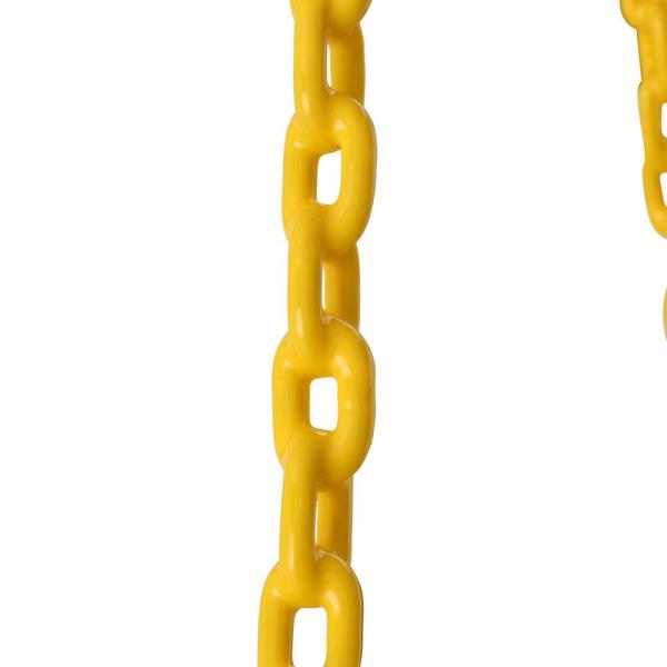 Bright yellow plastic-coated chains for durable, safe tire swing with grippy, cool-touch surface.