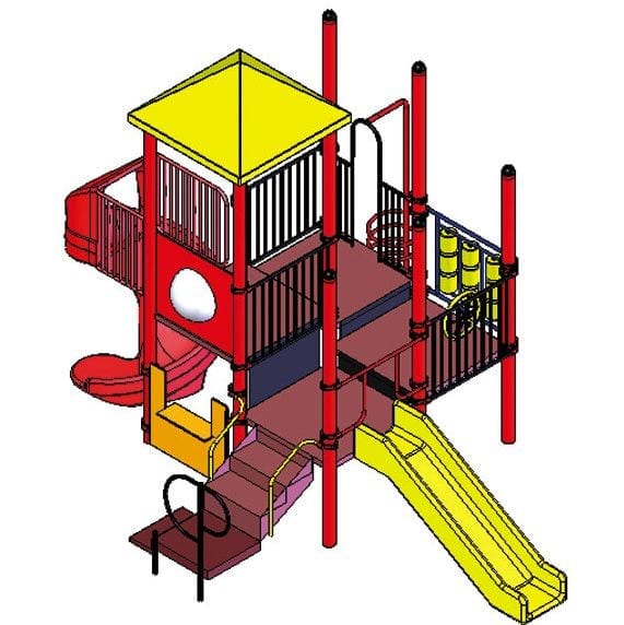 Colorful modular playground featuring a spiral slide, straight slide, tic tac toe panel, bubble panel, and U climber in red and yellow