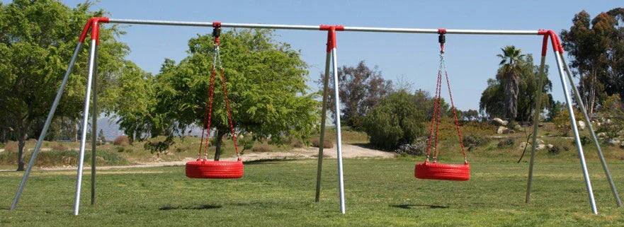 Commercial-grade metal swing set with tire swings.