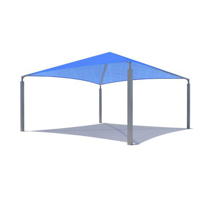Hip Roof Shade Structure with 4 red posts and blue rectangular hip roof canopy for playground or picnic shade
