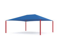 Sub-Collection image Hip Roof Shade Structure with 4 red posts and blue rectangular hip roof canopy for playground or picnic shade
