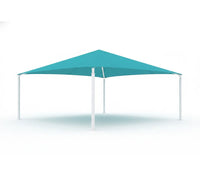 Sub-Collection image Hip Roof Shade Structure with 4 red posts and blue rectangular hip roof canopy for playground or picnic shade