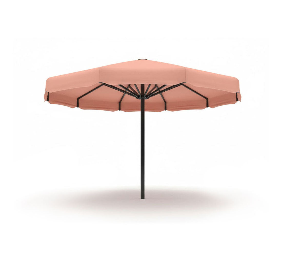 Coolbrella Single Post Umbrella shade structure with terracotta canopy and black pole at outdoor aquatic center with seating and visitors