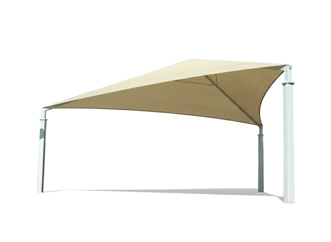 Triangle Shade Structure with 3 Posts featuring large beige triangular canopy supported by three gray metal posts over playground equipment