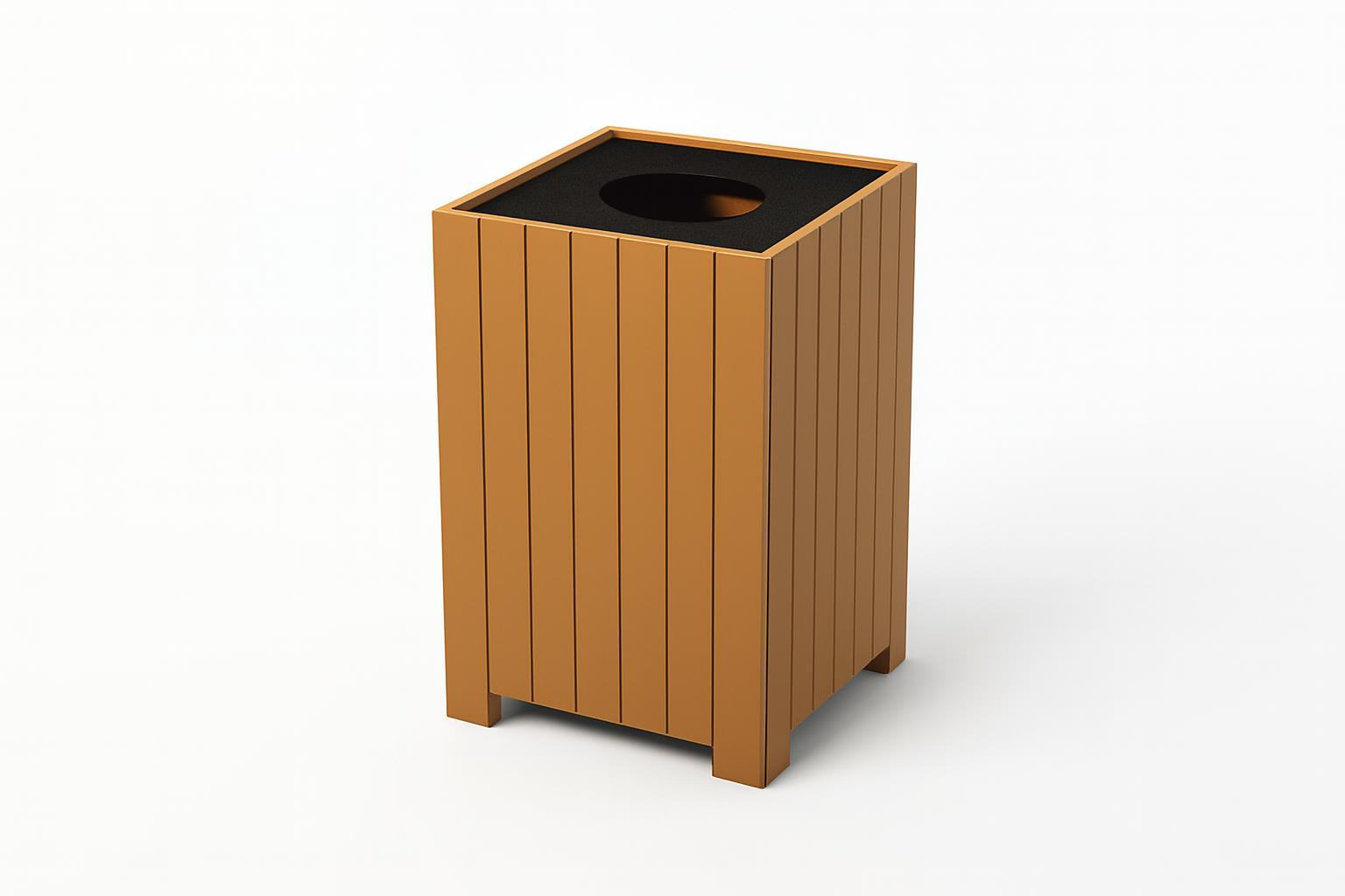 Standard Square Recycled Plastic Trash Receptacle with vertical cedar-colored slats and black top opening for outdoor use