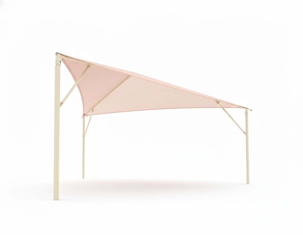 Triangle Shade Structure with 3 Posts featuring a rust-colored peaked fabric roof supported by three beige metal posts over outdoor picnic tables