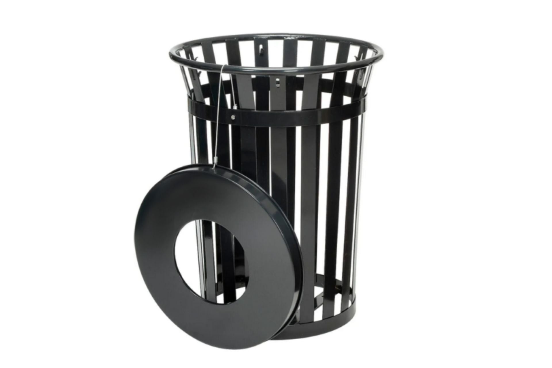 36 Gallon Slatted Wide Top Commercial Trash Receptacle with black metal slats, removable wide top lid, and side access door for liner removal