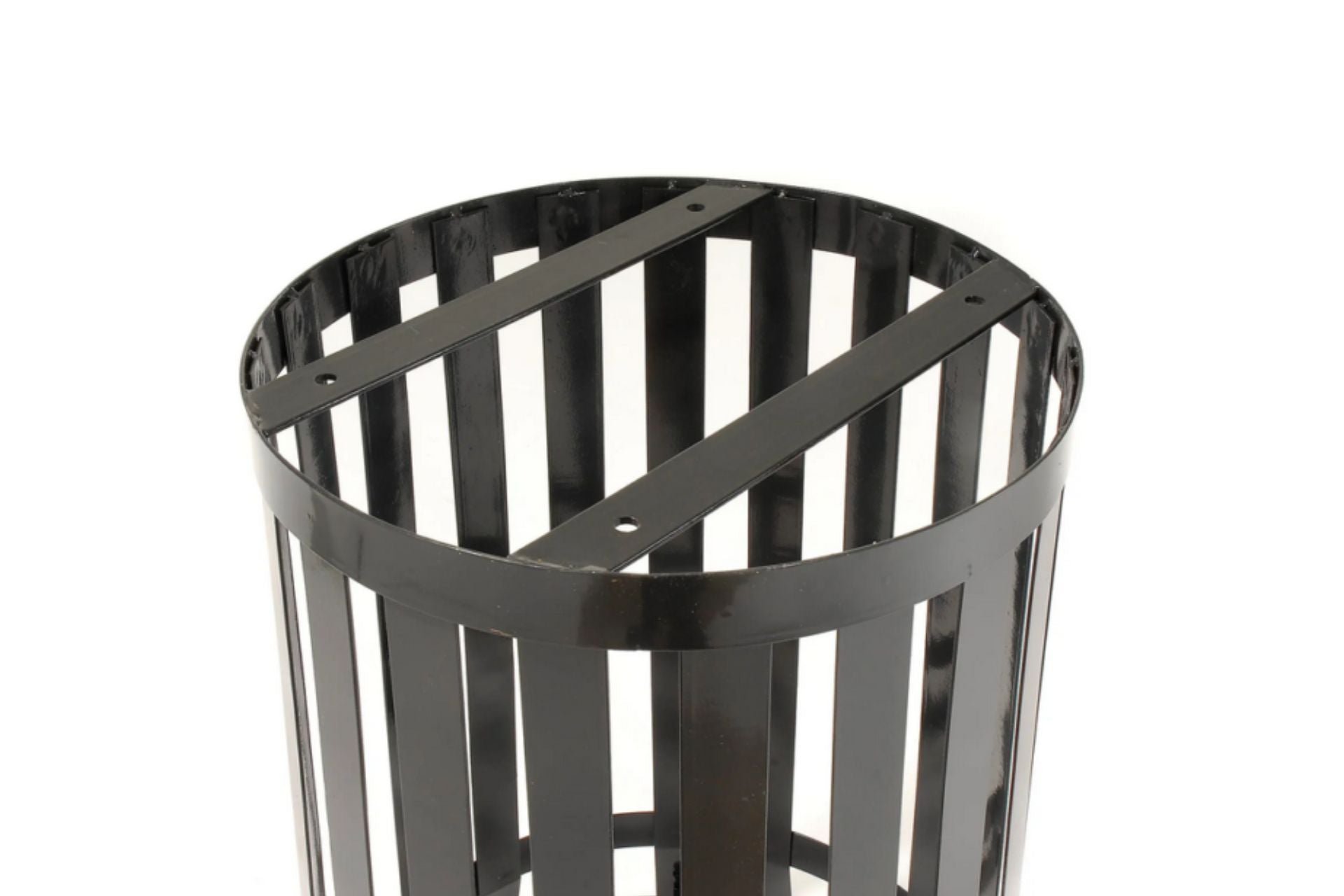 Black metal commercial trash receptacle with vertical slats and wide top opening for easy disposal