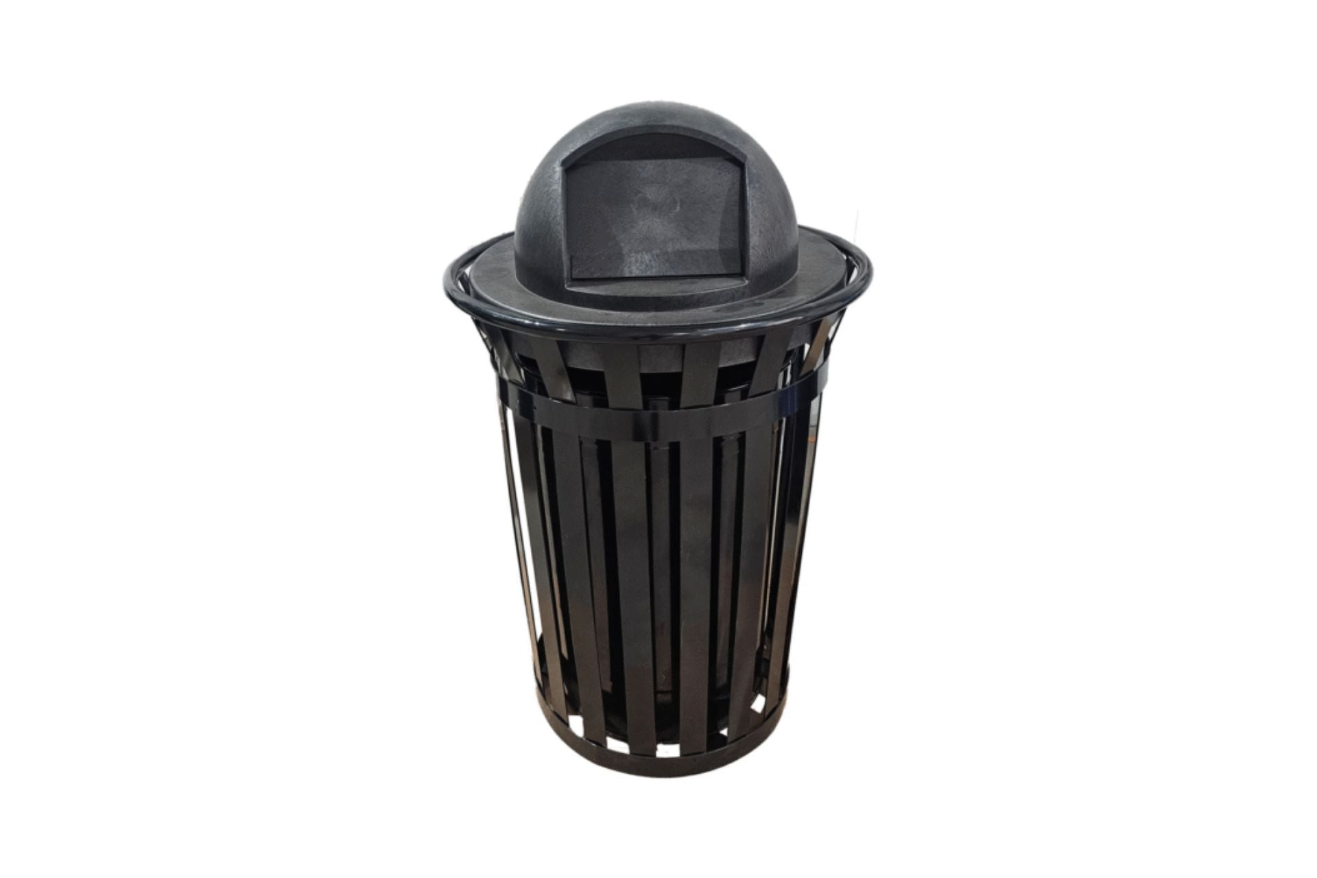 Black commercial trash receptacle with slatted metal frame, wide dome top opening, and side access door for liner removal