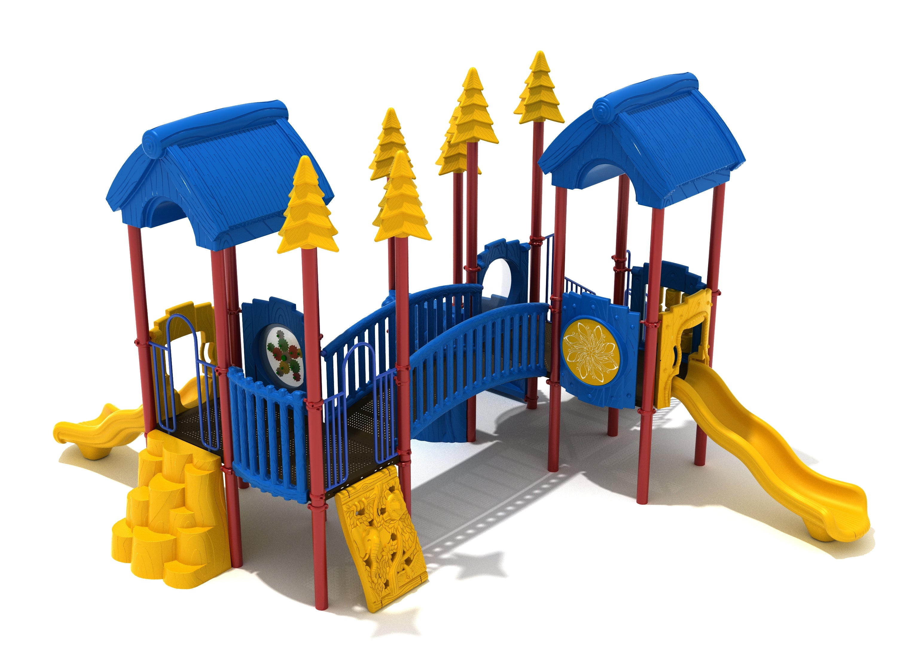 Orchid Oasis Playground with blue roofs, yellow slides, climbing wall, bridge, and tree-shaped posts in vibrant outdoor playset