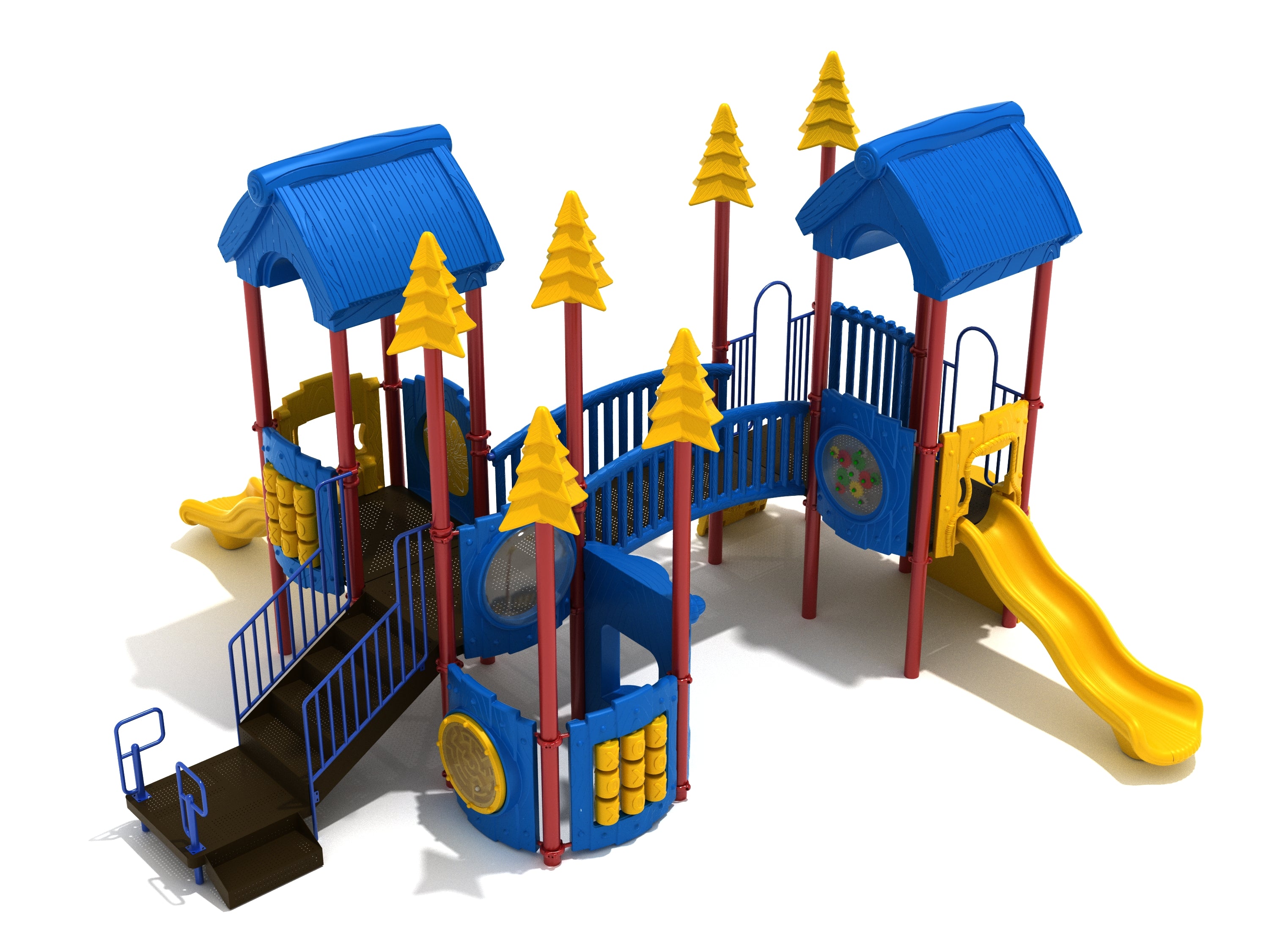 Colorful outdoor playground with blue roofs, yellow slides, red poles, and interactive play panels for active children's play