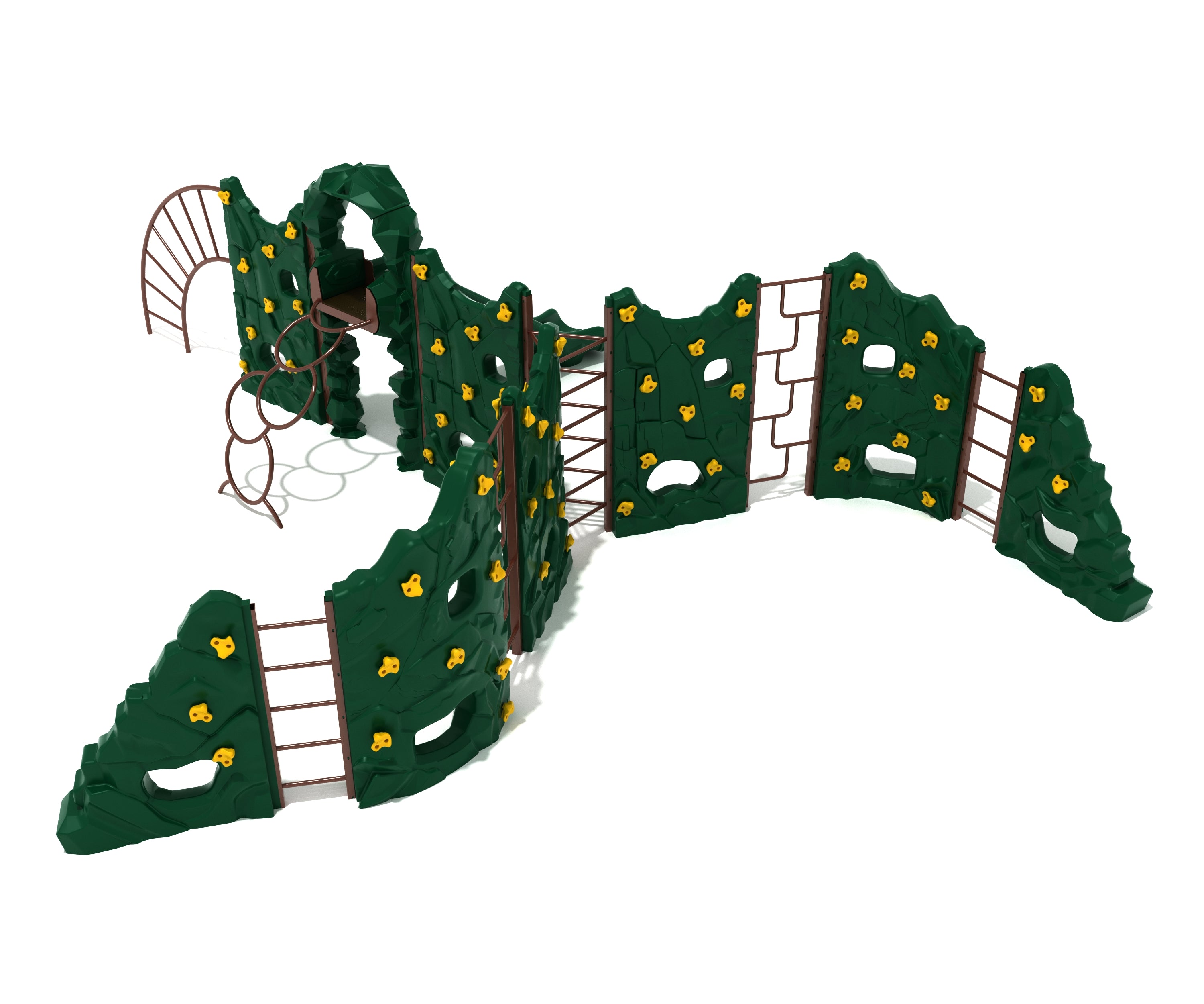 Green playground climber with yellow climbing holds, brown metal ladders, curved and straight panels, and cut-out windows.