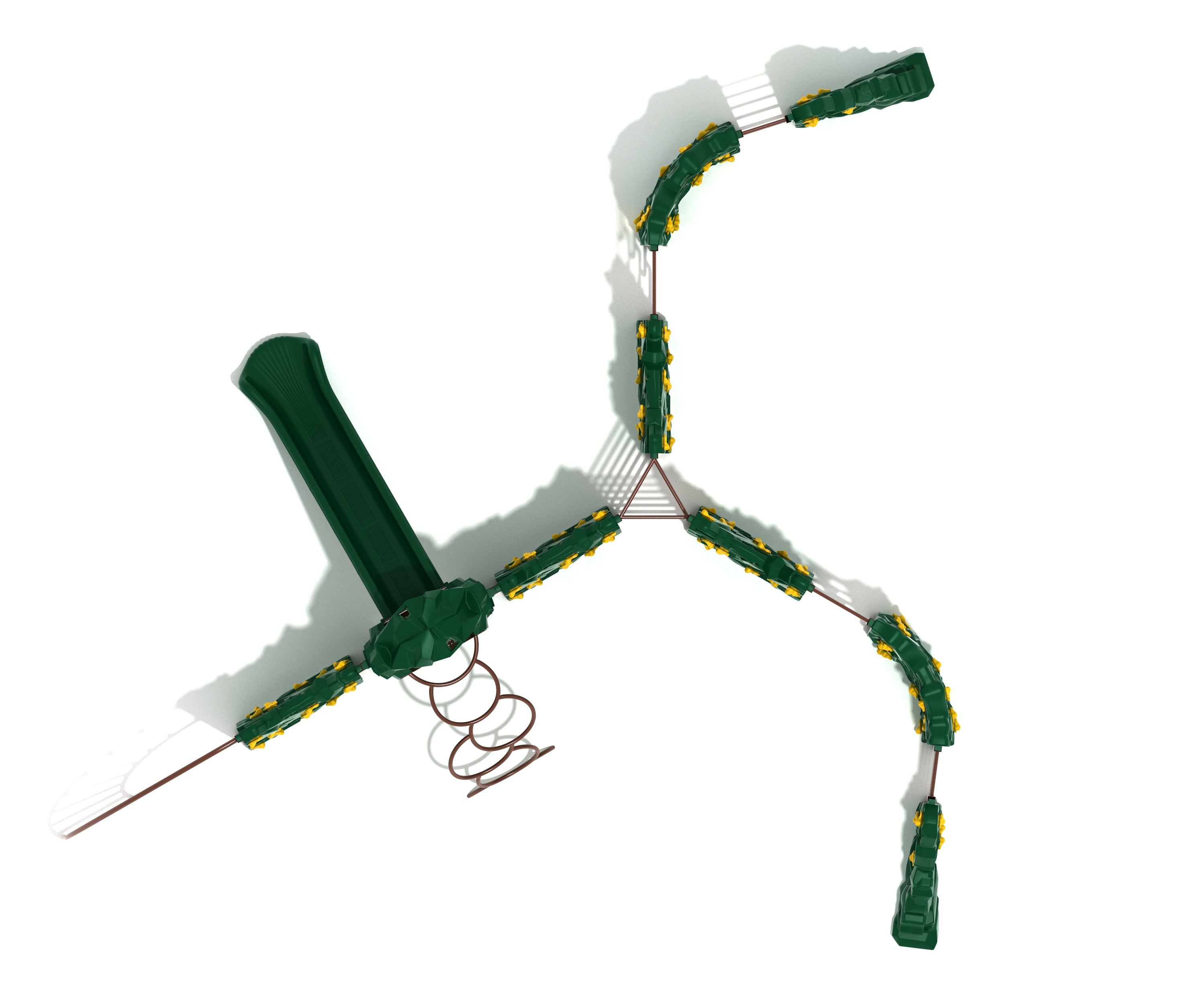Overhead view of a green playground climber with curved rock panels, yellow climbing holds, ladders, cut-out windows, and a slide.