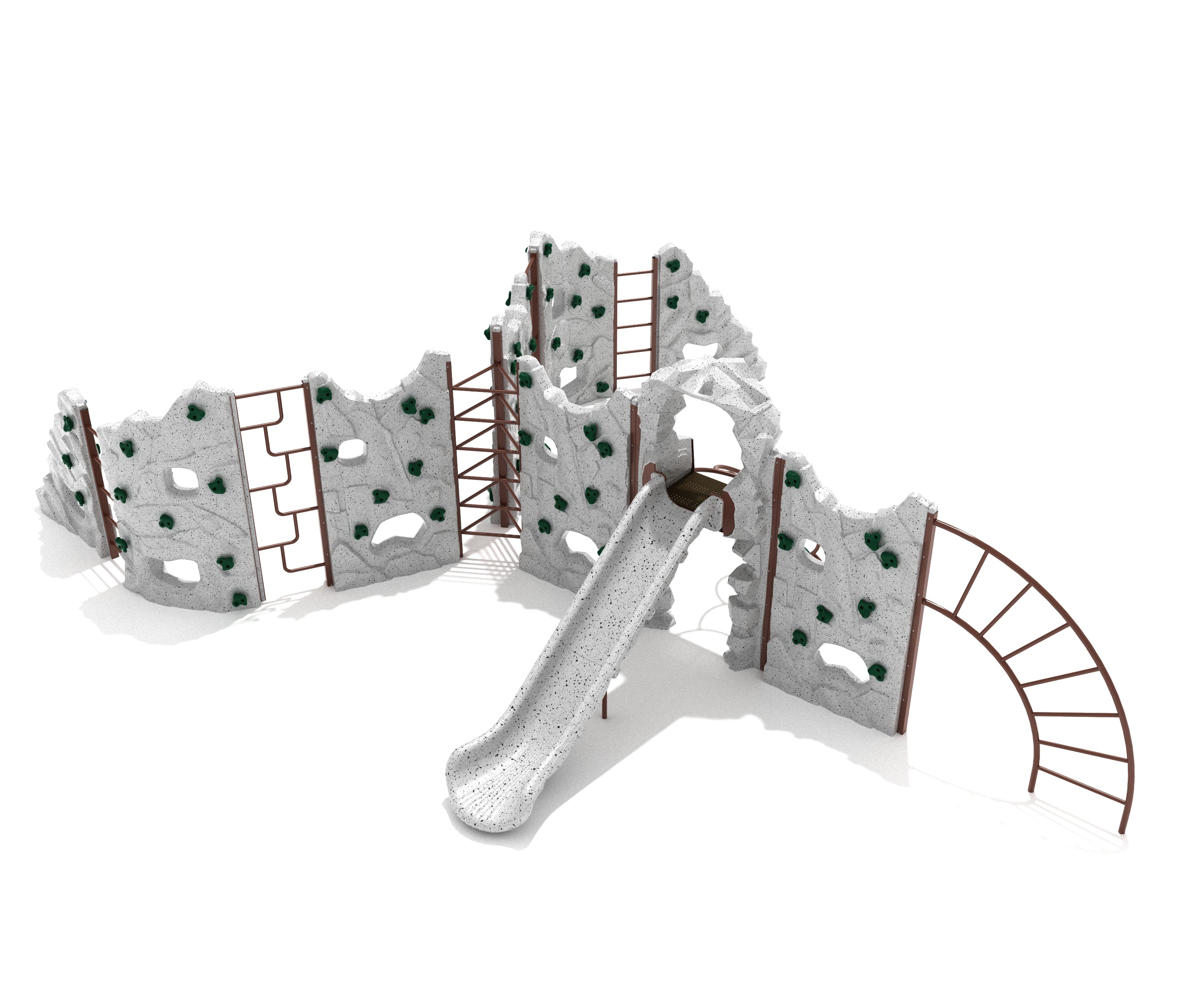 Craggy Crest Climber playground equipment with sculpted rock panels, climbing holds, ladders, cut-out windows, and a slide for active play