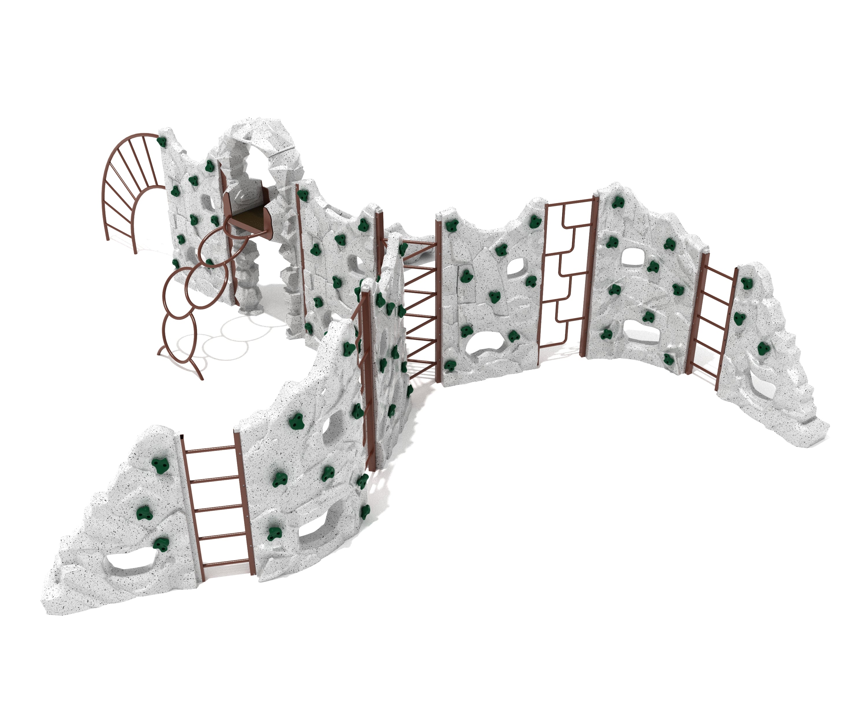 Playground climber with sculpted rock panels, green climbing holds, curved and straight ladders, and a slide from an angled view