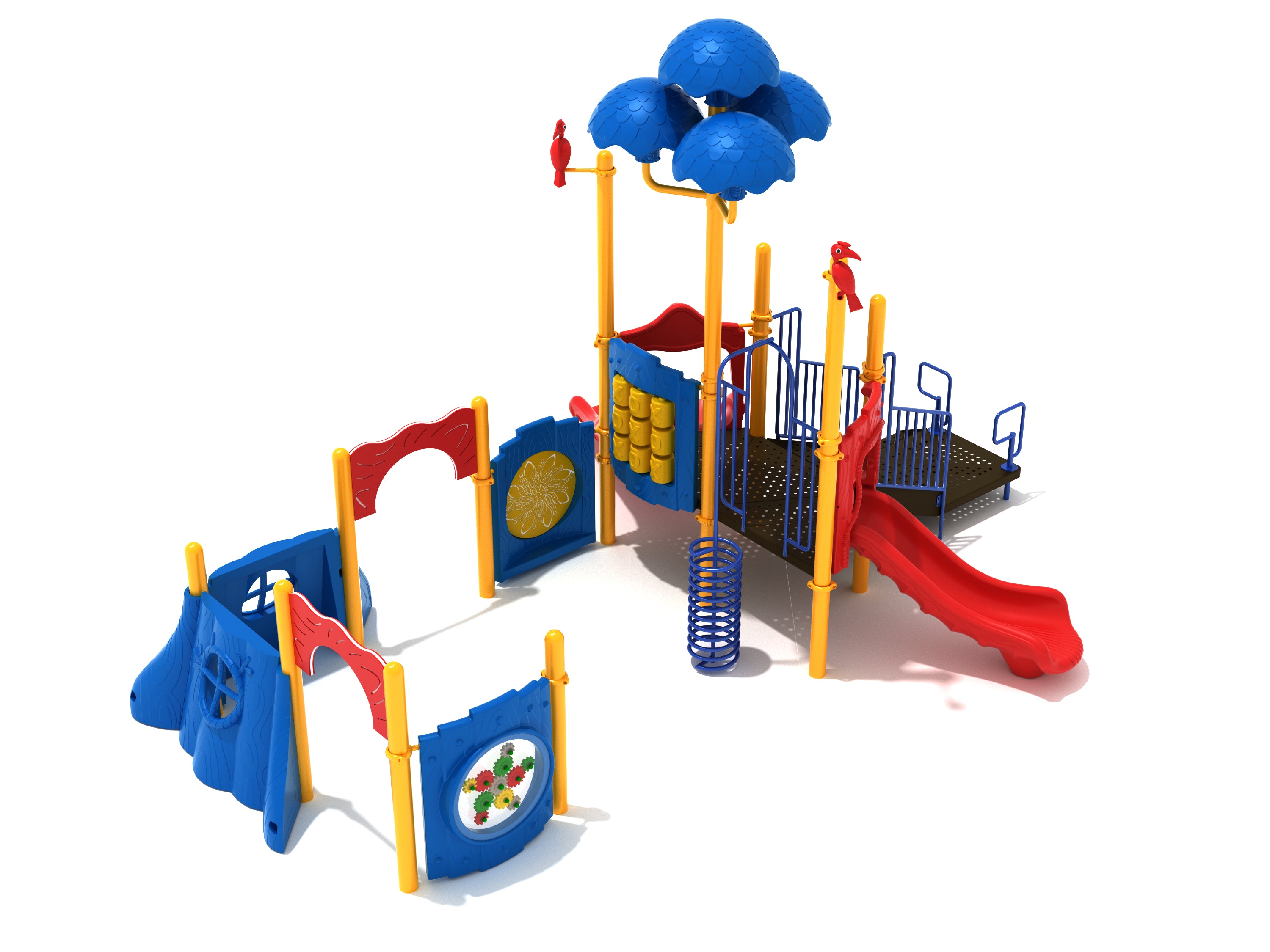 Colorful outdoor playground with red slide, blue climbing panels, yellow posts, and tree-shaped canopy featuring bird figures