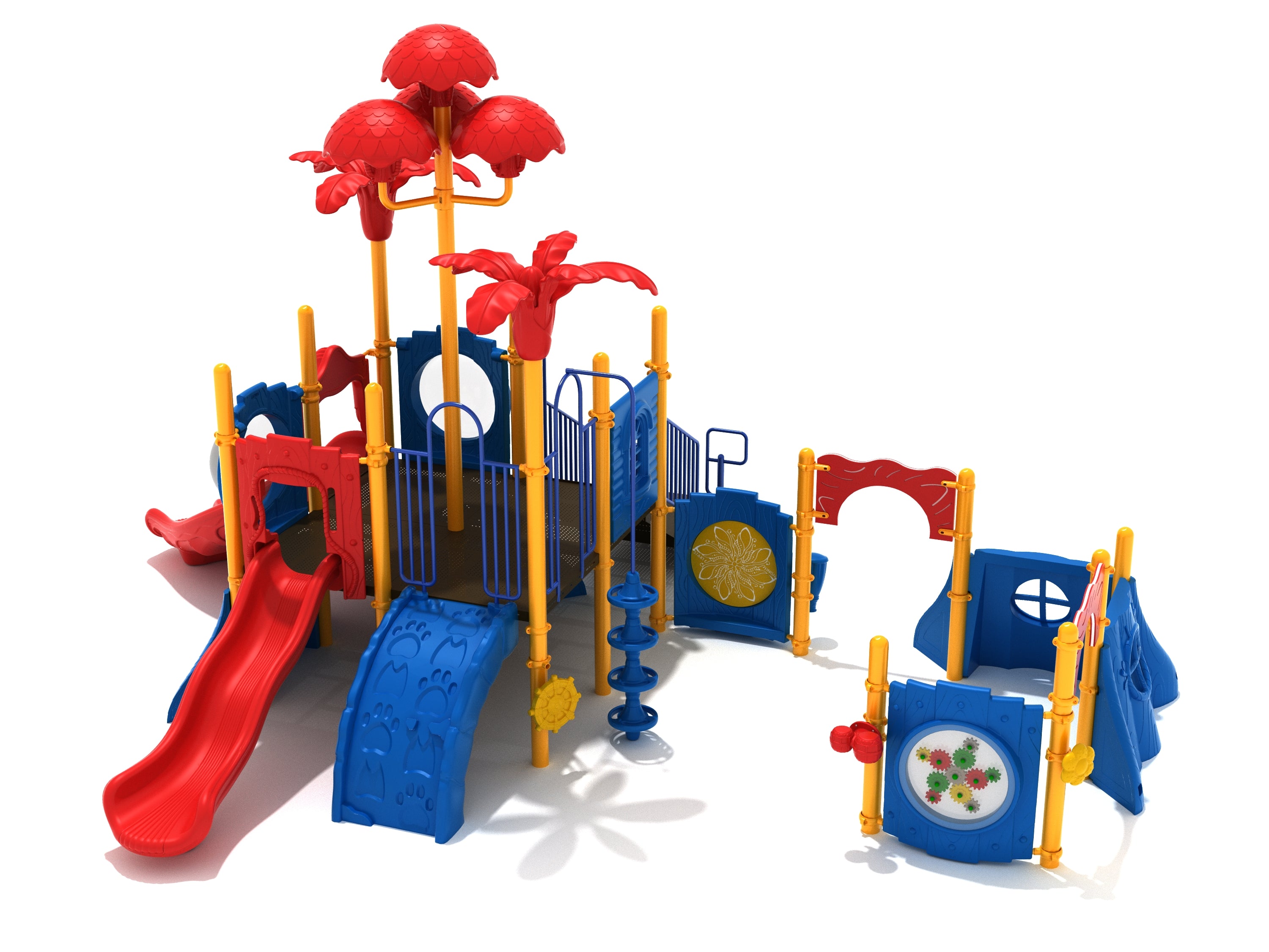 Brown Bear Playground with red slides, blue climbing panels, yellow posts, and red tree-shaped canopies in an outdoor play setting.
