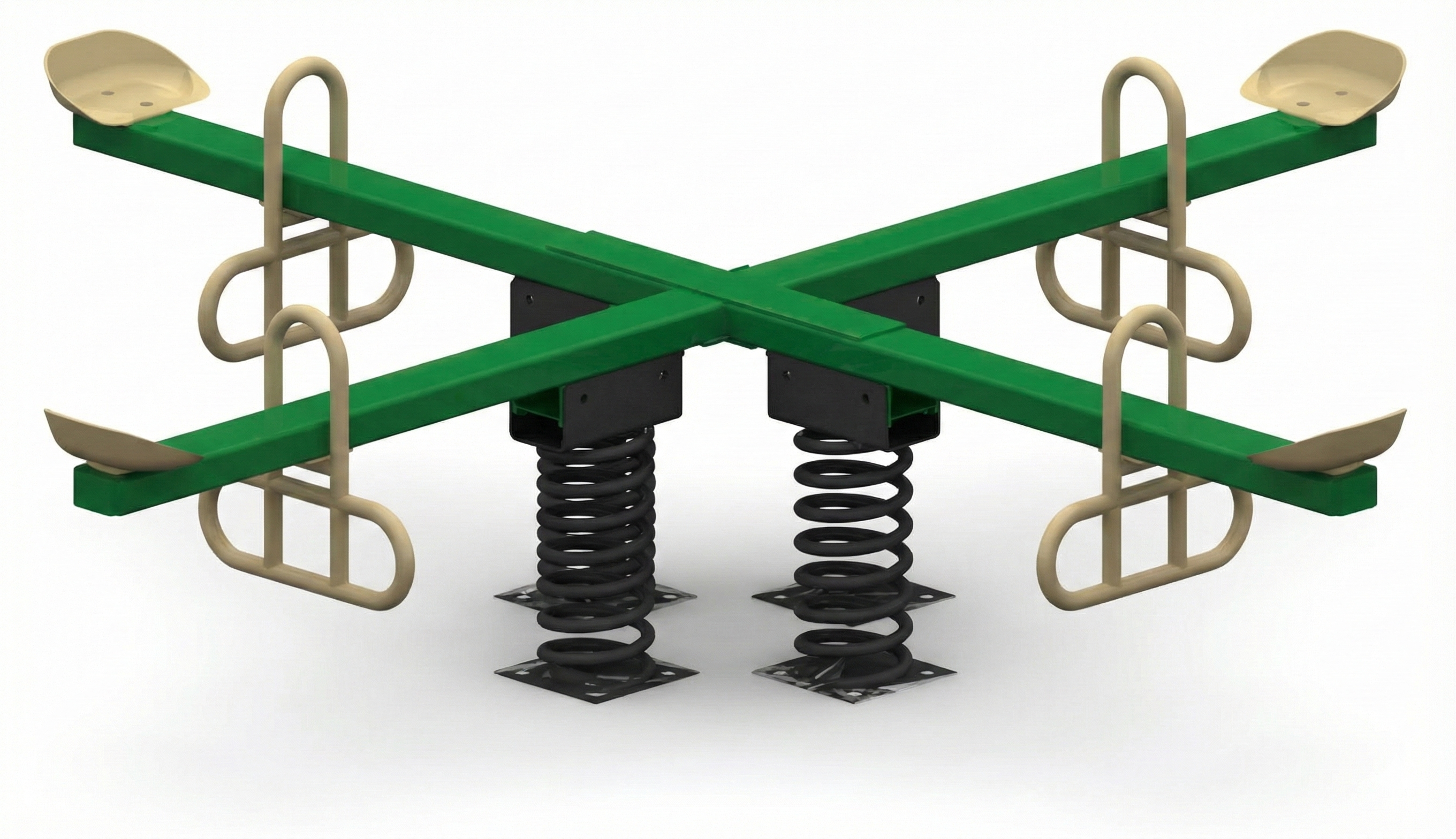 Four-Seat In Ground Spring Rider with green beams, beige seats, metal handles, and black springs for playground social play