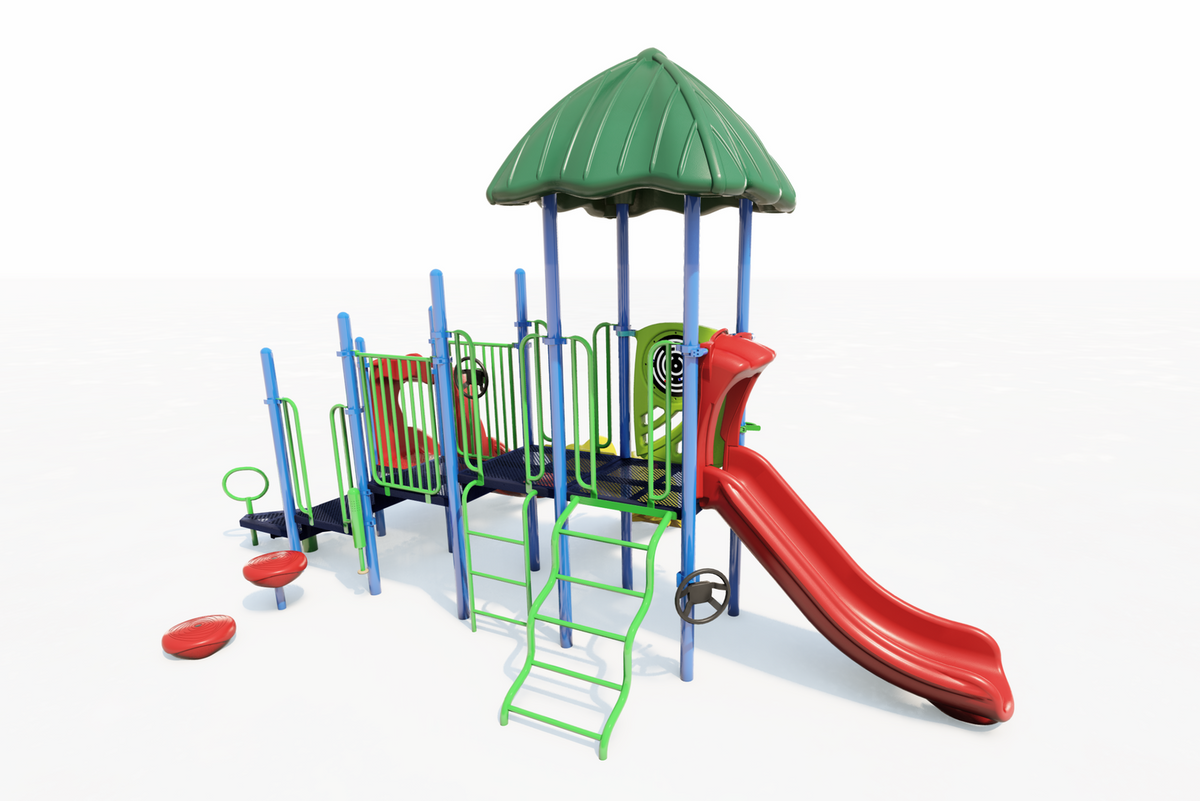 Colorful playground with green roof, red slide, blue and green climbing frames, and interactive play panels