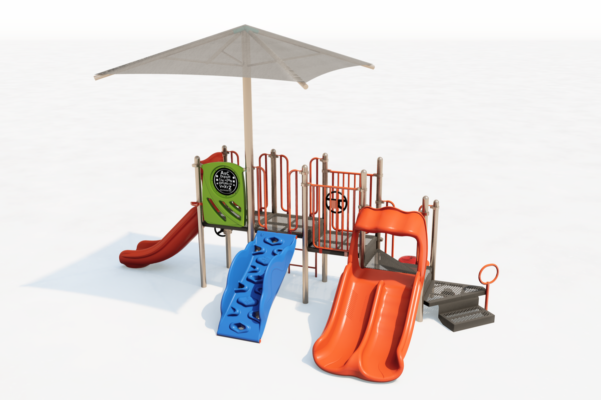 Playground with orange double slide, blue climbing wall, red single slide, shaded canopy, and interactive panels