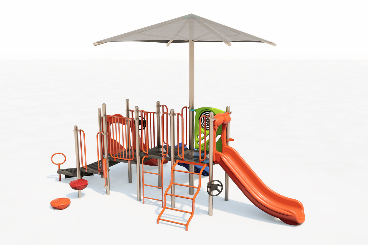 Colorful playground structure with slides, climbing ladders, sensory panel, and shade canopy for active kids