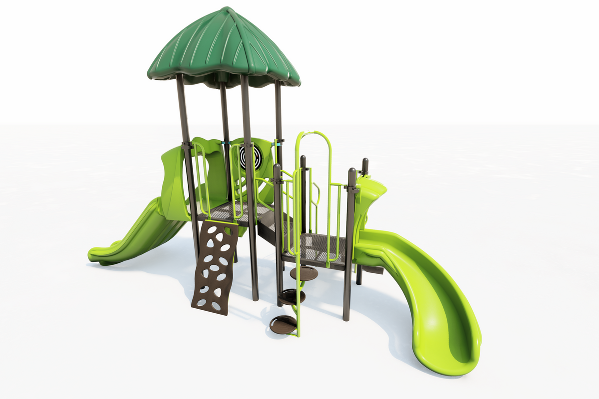 Compact green playground with two slides, climbing wall, spiral steps, roof, and sensory panel for active play.