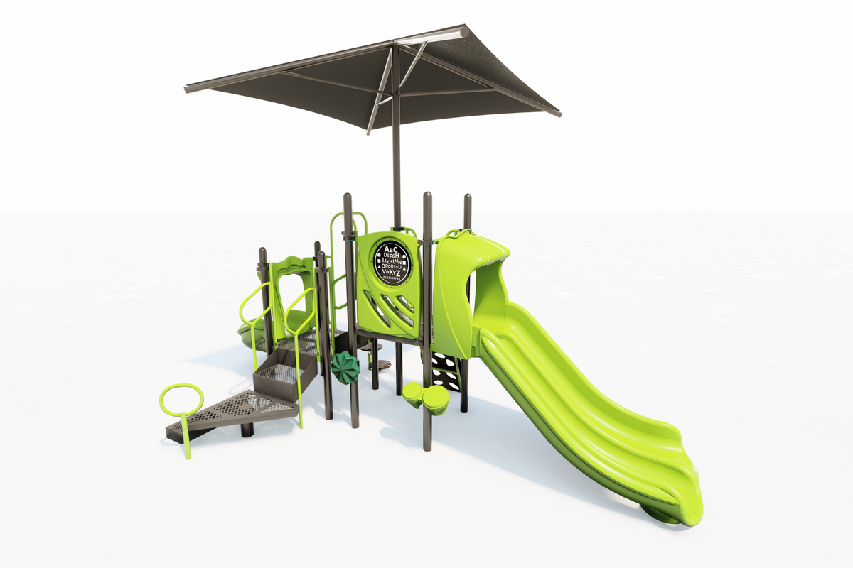 Compact playground featuring dual green slides, climbing elements, sensory panel, bongos, rain wheel, and large shade canopy