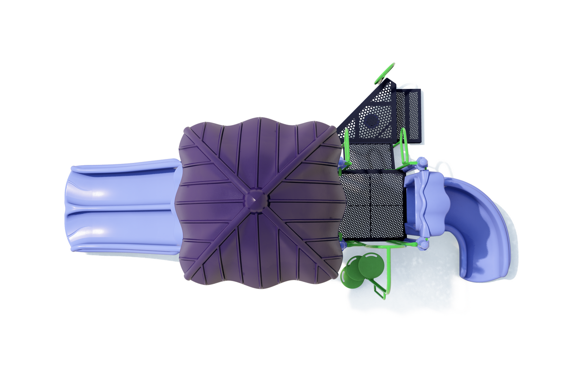 Top-down Overhead view of compact playground with two blue slides, purple roof, black climbing panels, and green accents