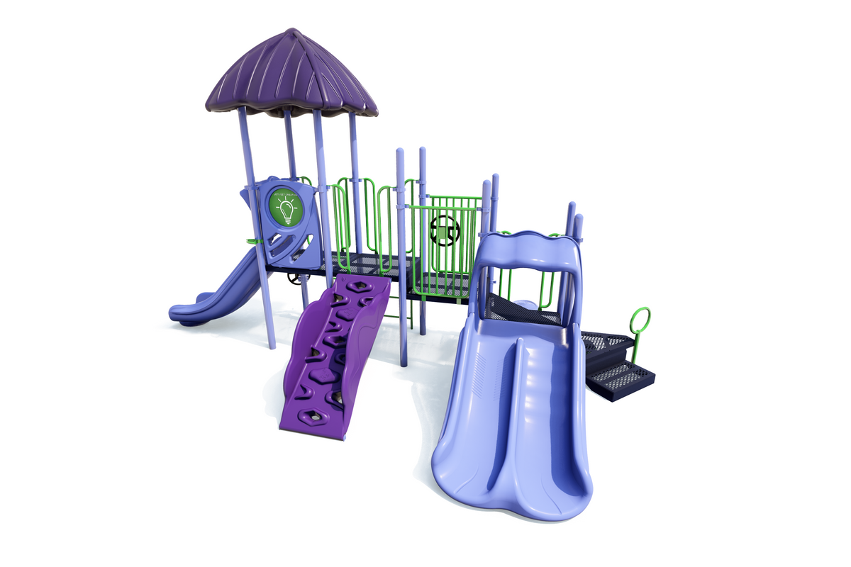 Purple and blue playground structure with dual slides, climbing wall, sensory panel, and shaded platform