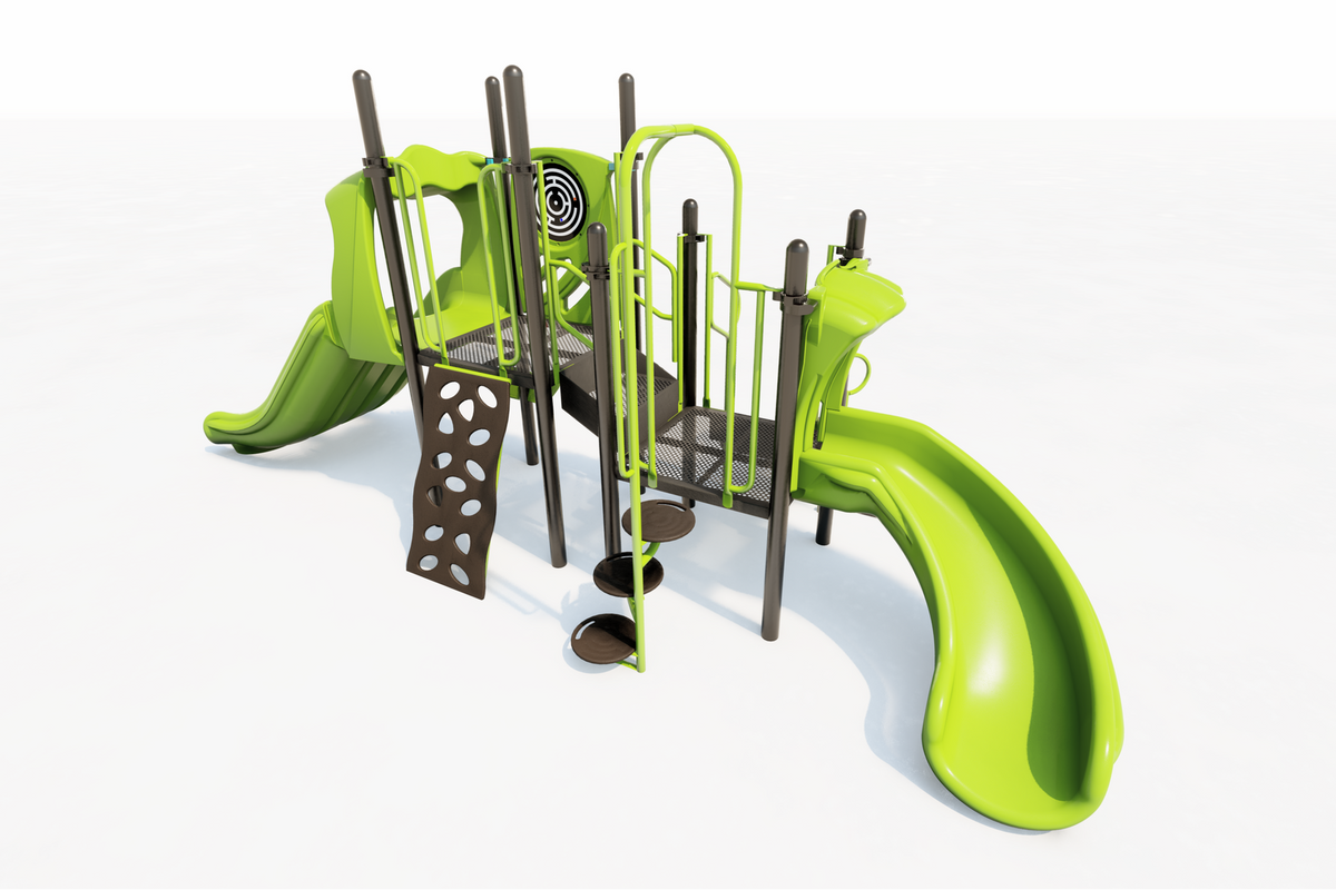 Compact green and brown playground with two slides, climbing wall, spiral steps, and sensory panel for active play