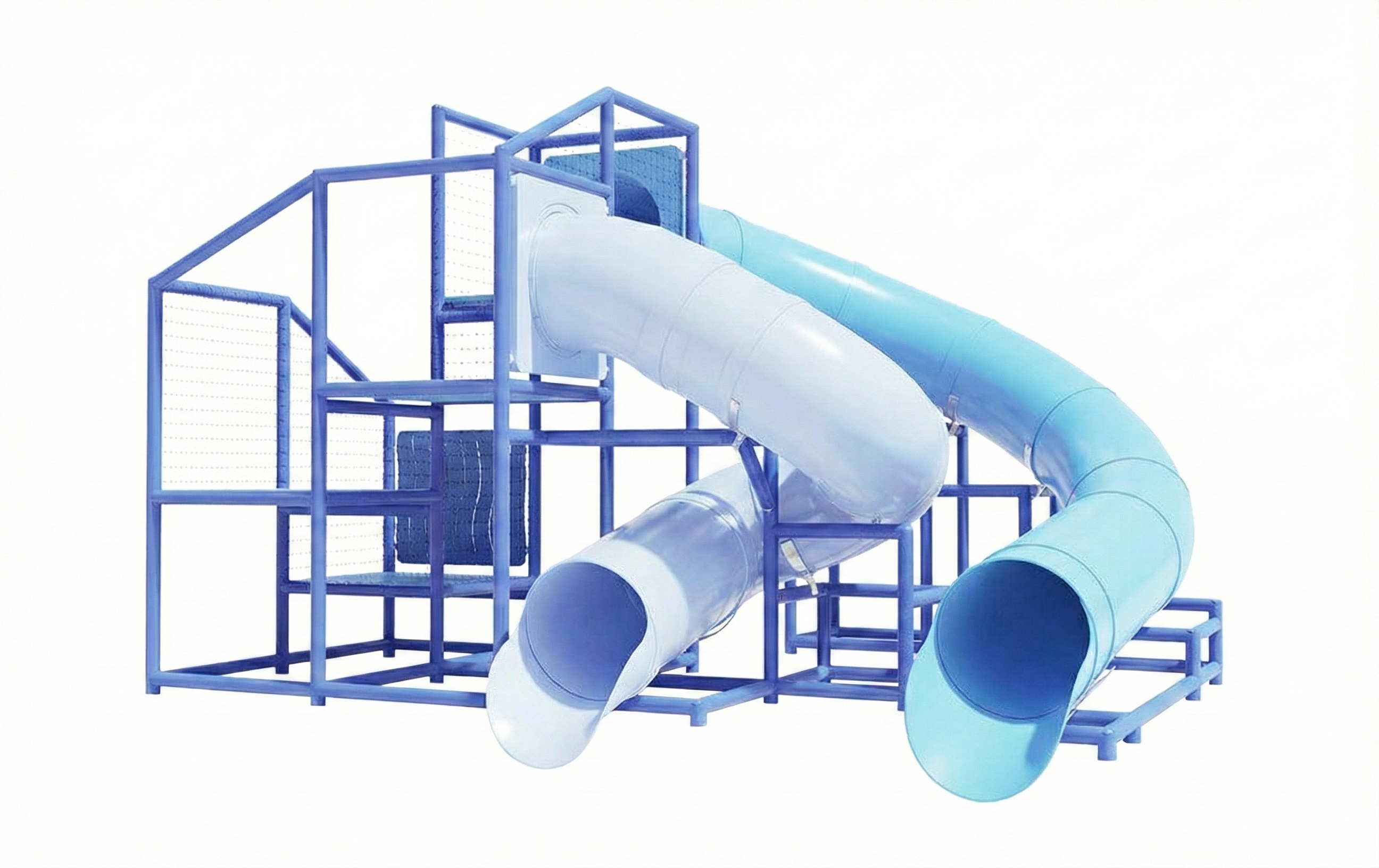 Gallatin River Water Slide with dual curved blue tube slides and blue frame beside outdoor pool for recreation