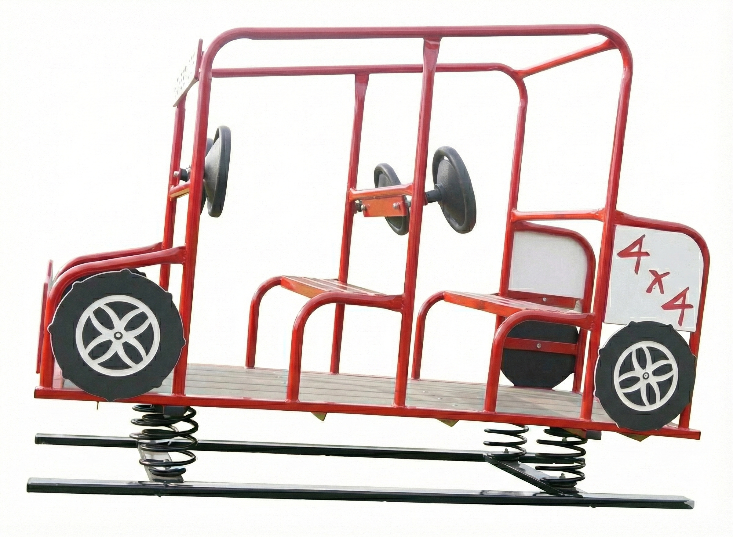 Turbo 1000 Rayzir red multi-passenger spring rider shaped like a 4x4 vehicle with steering wheels and bench seats on grass