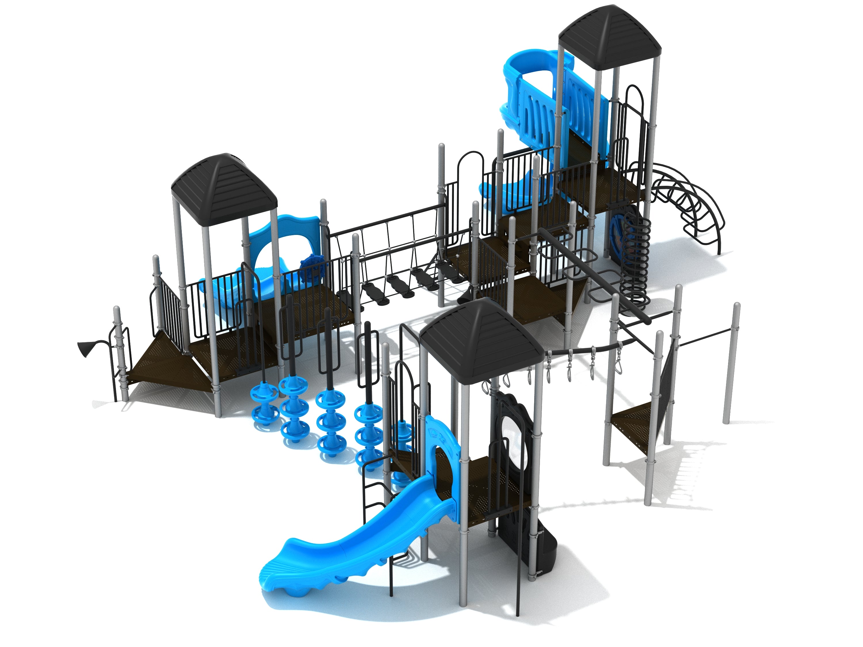 Commercial playground structure with multiple towers, blue slides, climbing elements, connecting bridges, and activity panels