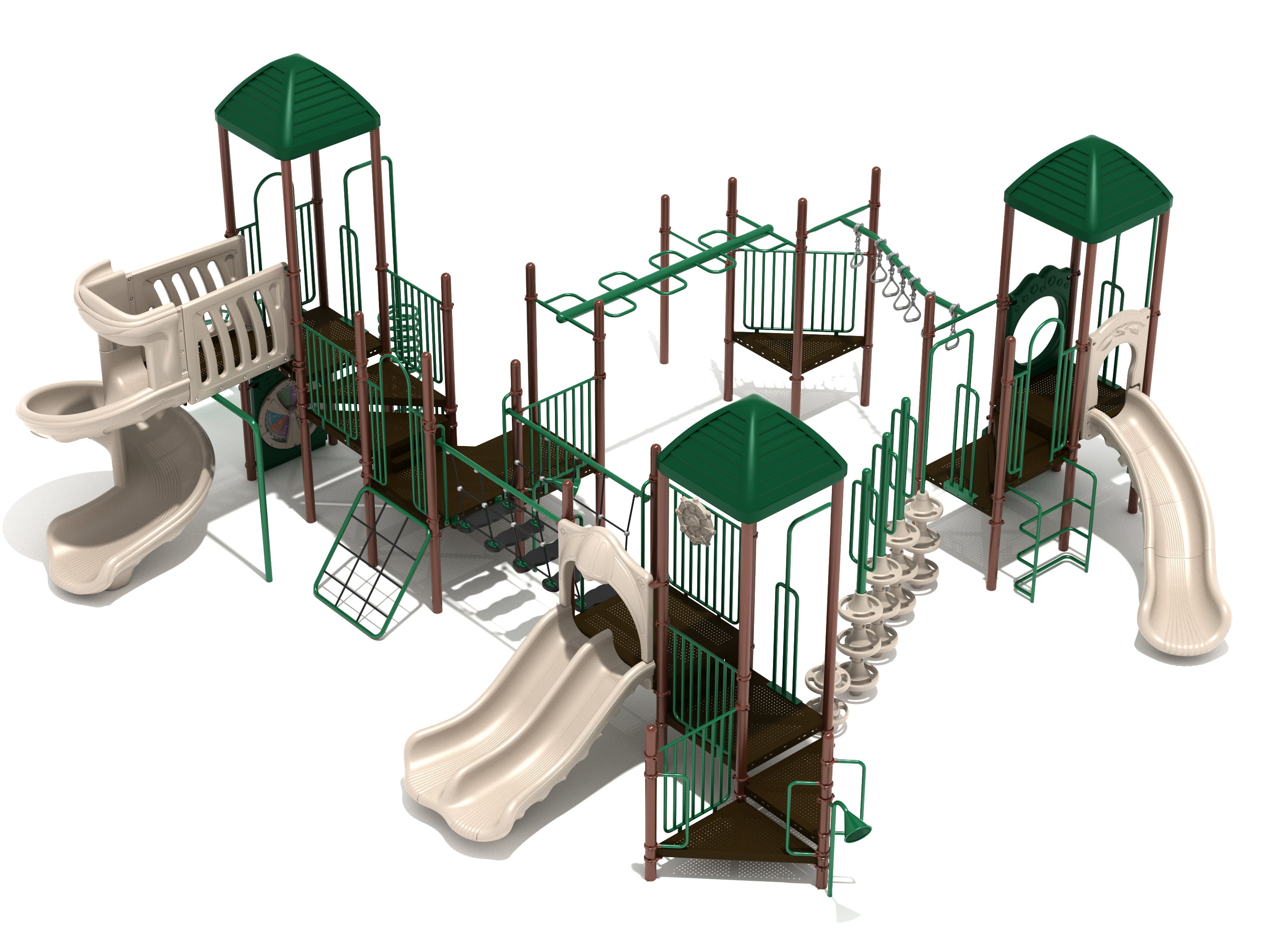 Commercial playground structure with multiple slides, climbing elements, bridges, activity panels in green and beige colors