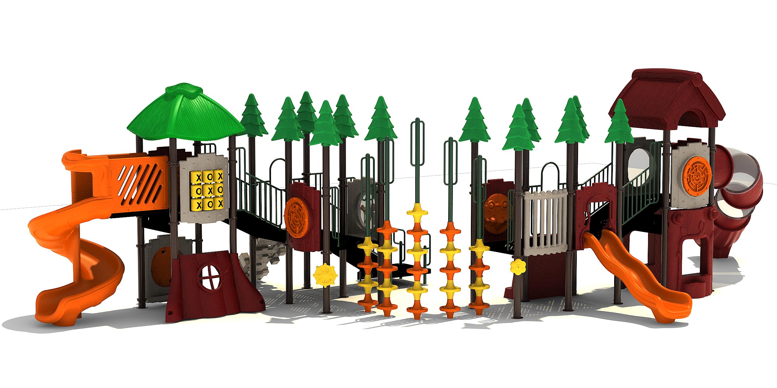 Colorful outdoor playground with slides, climbing structures, tic-tac-toe panels, and tree-shaped decorations