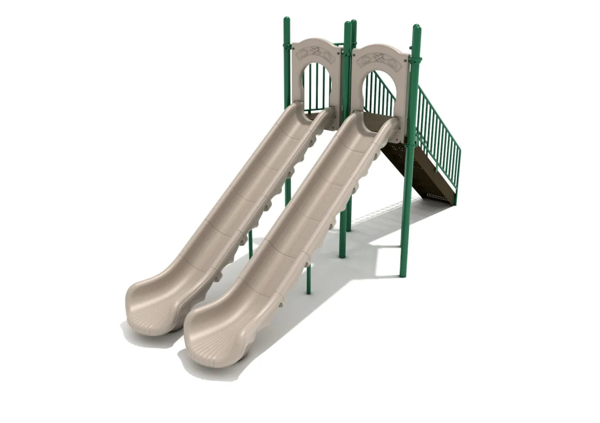 Freestanding double straight sectional slide with two parallel chutes and green stairs/rails