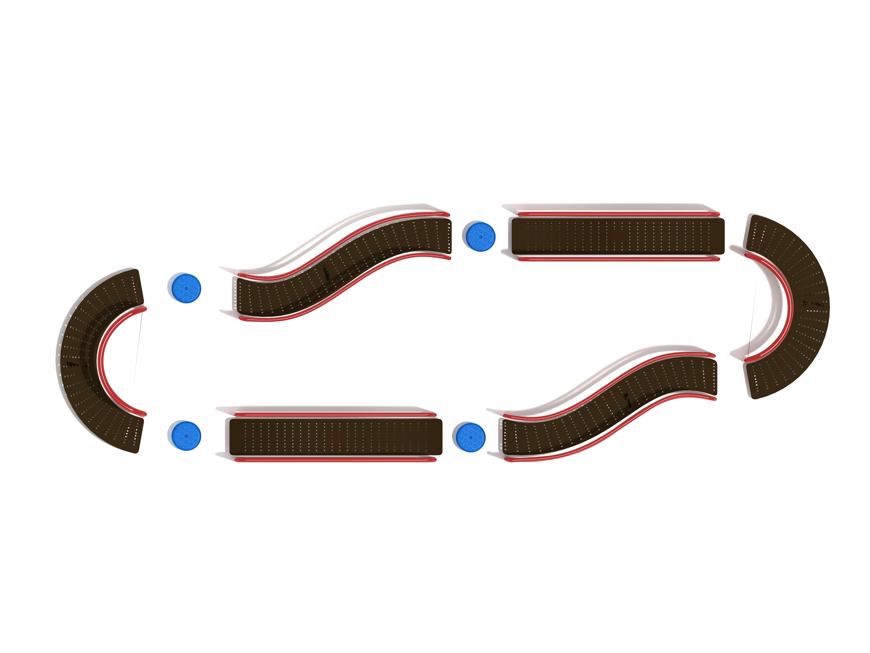 Overhead view of an oval balance track with curved and straight brown platforms, blue circular stepping stones, red edges, and galvanized steel guardrails